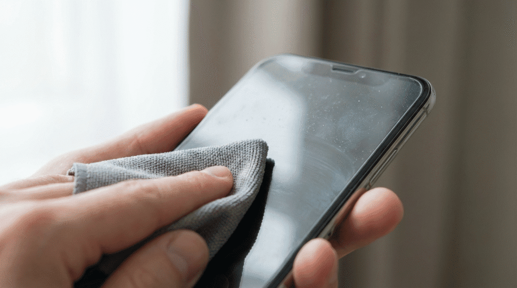 Wiping the Phone with a Microfiber Cloth