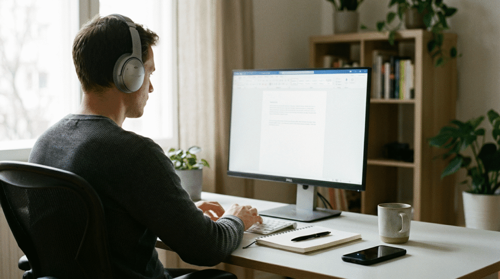 Calm, focused home office scene