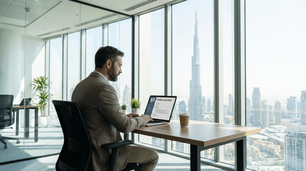 career professional sitting at a modern office desk
