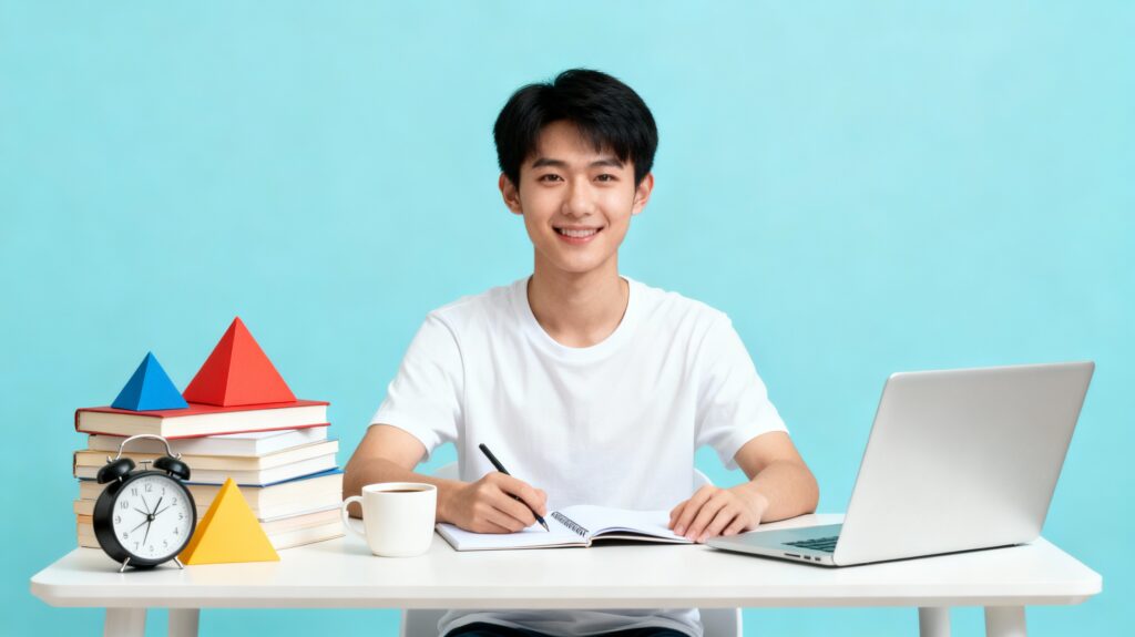 Student using proven study techniques with books, laptop, and learning materials