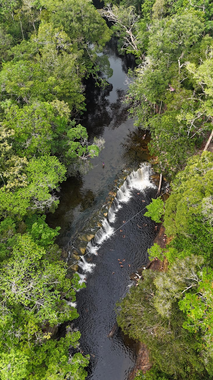 aerial view of waterfall in amazon rainforest