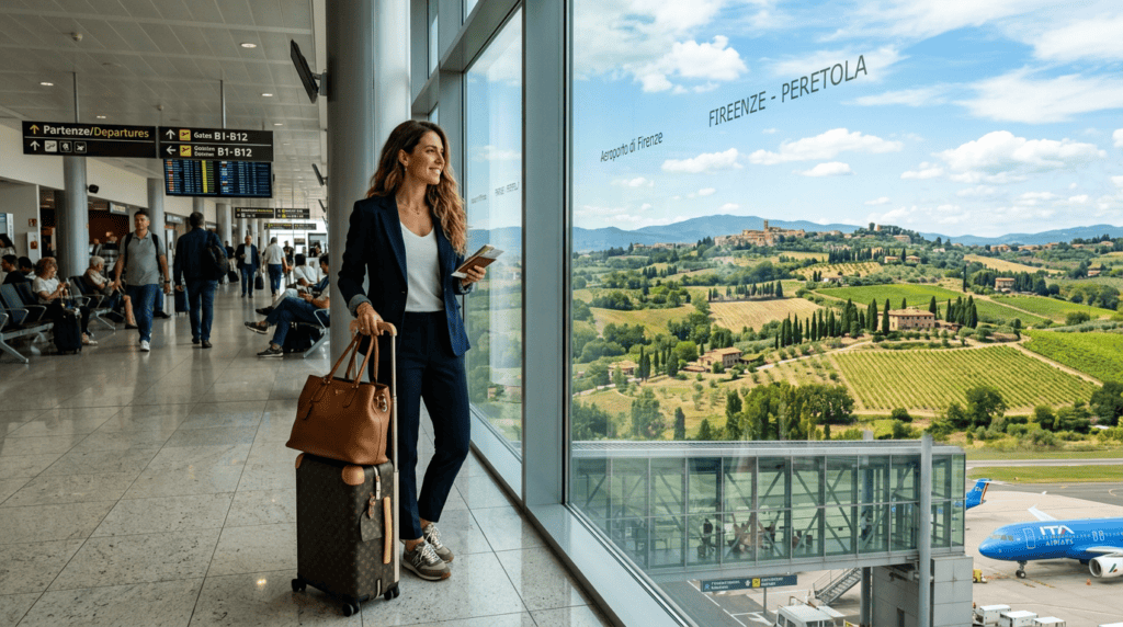 Woman standing with luggage at Florence Airport terminal looking out window at Tuscan landscape and airplane