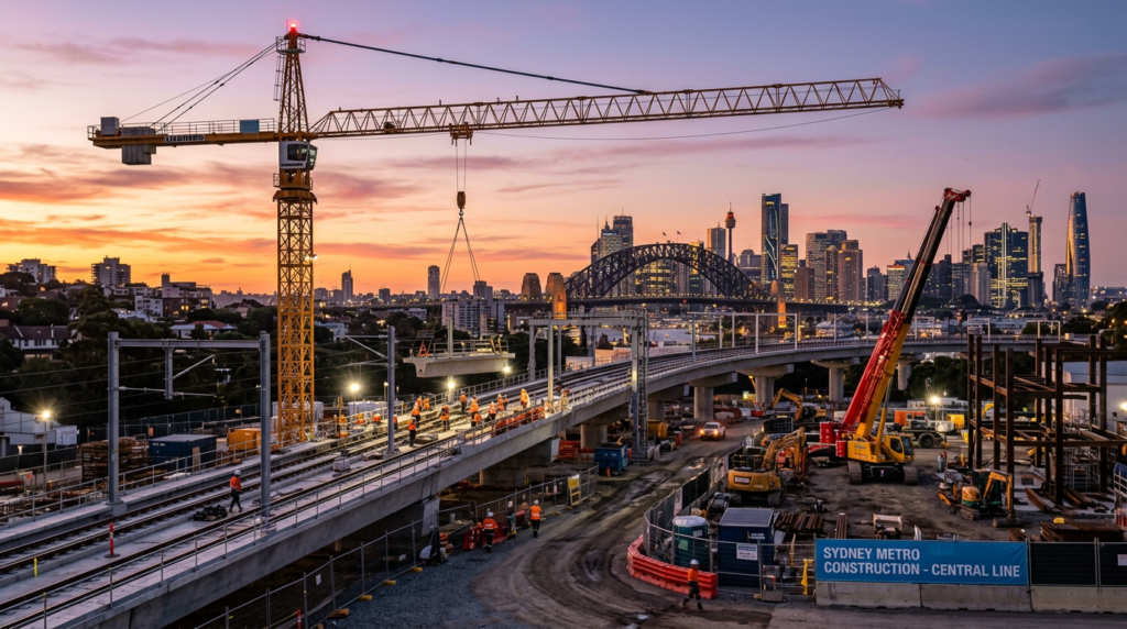 Construction site for Sydney Metro Central Line with workers, cranes, and city skyline